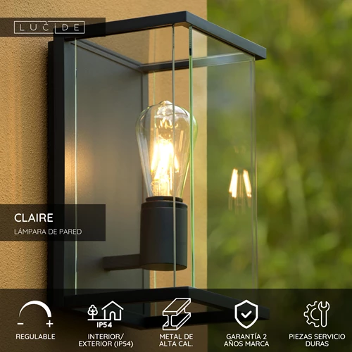 Lucide CLAIRE - Lámpara de pared Dentro/Fuera - 1xE27 - IP54 - Antracita - USP
